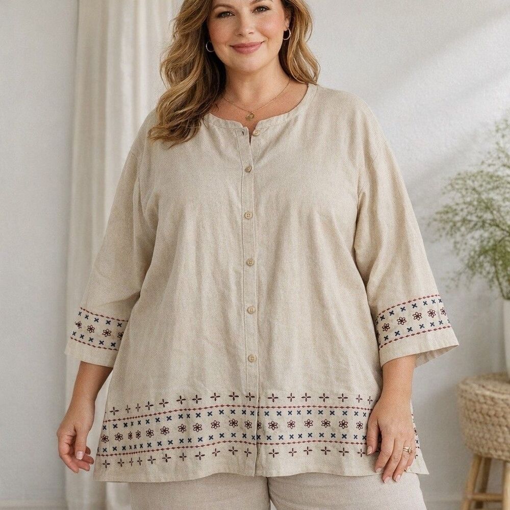Vintage Dressbarn Women's 22/24W Linen Cotton Embroidered Button Up Tan Top Plus